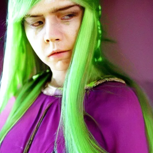 Prompt: Light green, long layed hair awkwardly hangs over a lean, tense face. Dancing violet eyes, set high within their sockets, watch rapidly over the ancestors they've grieved with for so long.