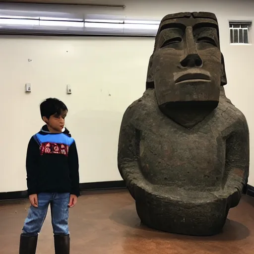 Prompt: a kid with a pouty face looking very dissapointed that his christmas present was a large moai statue with a bow on it | iphone photograph