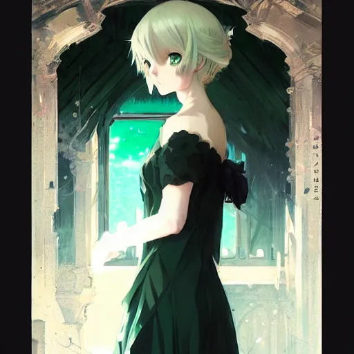 Image similar to victorique de blois anime girl gosick green eyes black dress blonde hair by greg rutkowski makoto shinkai aramaki shinji artgerm, cushart krenz key art feminine