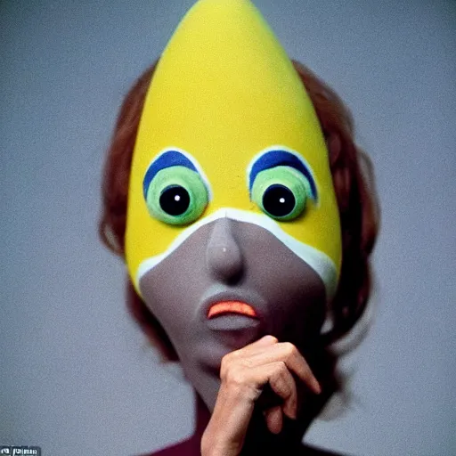 Image similar to beautiful woman with a long plasticine nose, wearing eyeballs on her head, in the countryside 1974 arthouse film, archival footage, technicolor film expired film