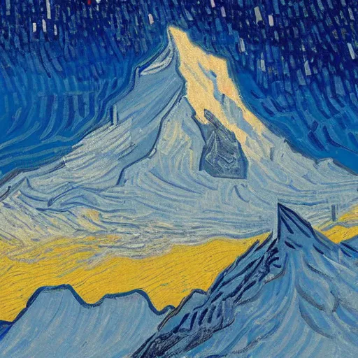 Prompt: an abstract representation of the matterhorn in winter, sunset, artstation, by van gogh and picasso