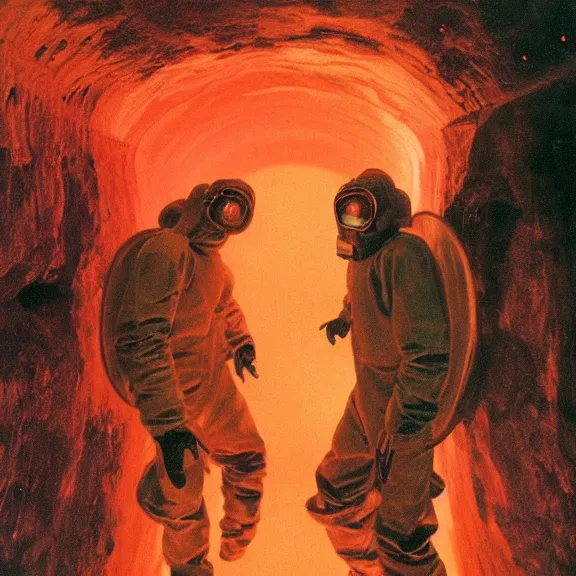 Image similar to two scientists wearing red rick owens hazmat suits in a glowing nebula wormhole tunnel by frank frazetta