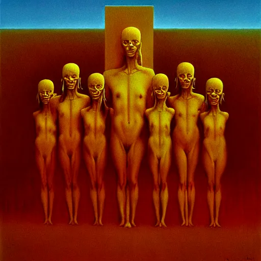 Image similar to soft focus with deep shadows, dystopian surreal painting of eerie grinning head statues and block buildings by zdzisław beksinski