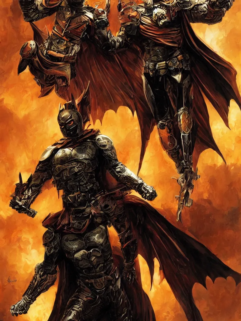 Prompt: ancient damned armored batman, dark and gritty, sci fi artwork, warm colors, by seb mckinnon and alex ross