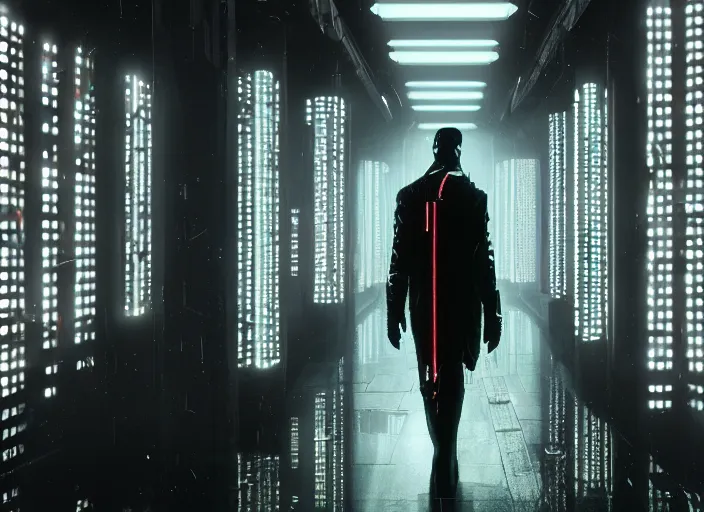 Image similar to man wearing black cyberpunk coat cybernetic hand (emissive red details glowing) metal reflective long fingers spindly creepy pointed, walking down, white marble hallway flooded with dark water. Scene from Bladerunner 2049 (2017) Artstation trending 720p.