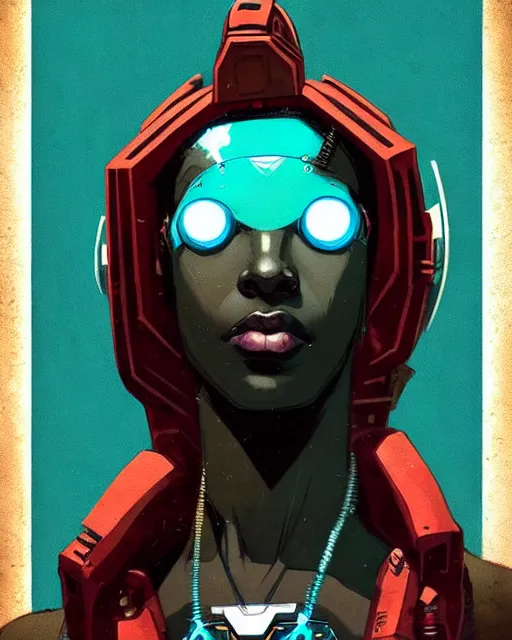 Image similar to sojourn from overwatch, african canadian, gray dread locks, teal silver red, teal cyber eyes, character portrait, portrait, close up, concept art, intricate details, highly detailed, vintage sci - fi poster, retro future, vintage sci - fi art, in the style of chris foss, rodger dean, moebius, michael whelan, and gustave dore