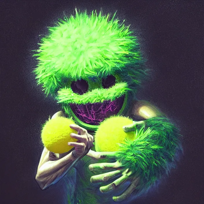 Image similar to cinematic portrait of a cute tennis ball monster in the abyss of space, chalk, masterpiece, trending on artstation, featured on pixiv, cinematic composition, dramatic pose, beautiful lighting, sharp details, hyper-detailed, HD, HDR, 4K, 8K, art by Basil Gogos