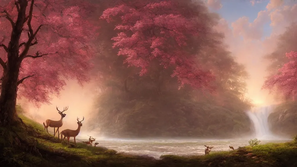 Image similar to the most beautiful panoramic landscape, oil painting, where a giant dreamy waterfall creates a river, the trees around are starting to bloom in pink colors, a majestic deer is in close - up and it is under a giant tree while it is exhaling steam, the ray lights of the sunrise are brightening him, by greg rutkowski