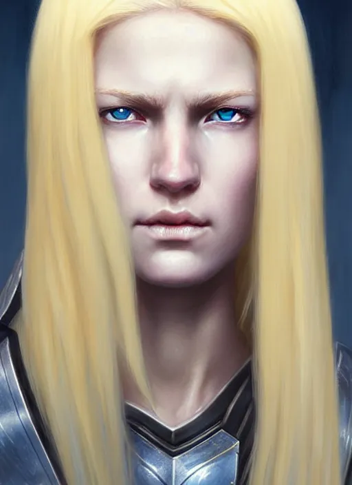 Image similar to a _ fantasy _ style _ portrait _ painting _ of shy white female paladin with blonde hair and blue eyes shy, scar under left eye, holy oil _ painting _ unreal _ 5 _ daz. _ rpg _ portrait _ extremely _ detailed _ artgerm _ greg _ rutkowski _ greg