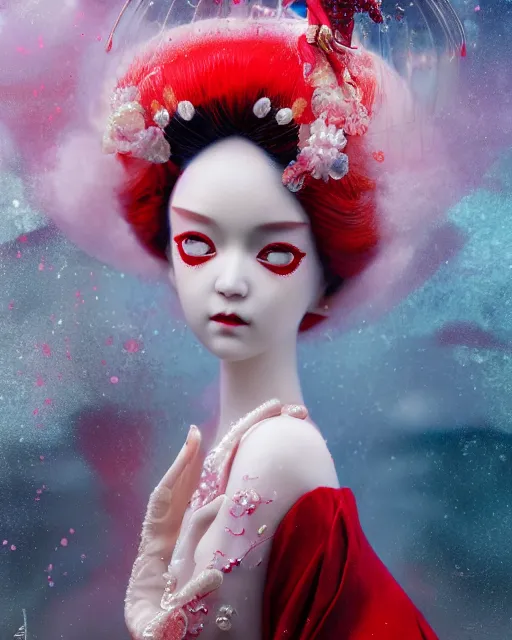 Prompt: detailed photo of pearl japanese doll, pearl skin, magical, beautiful clothes, innocent, elegant red dress, 8 k, by tristan eaton, stanley artgermm, tom bagshaw, greg rutkowski, carne griffiths, trending on deviantart, hyper detailed, glorious lighting, epic environment