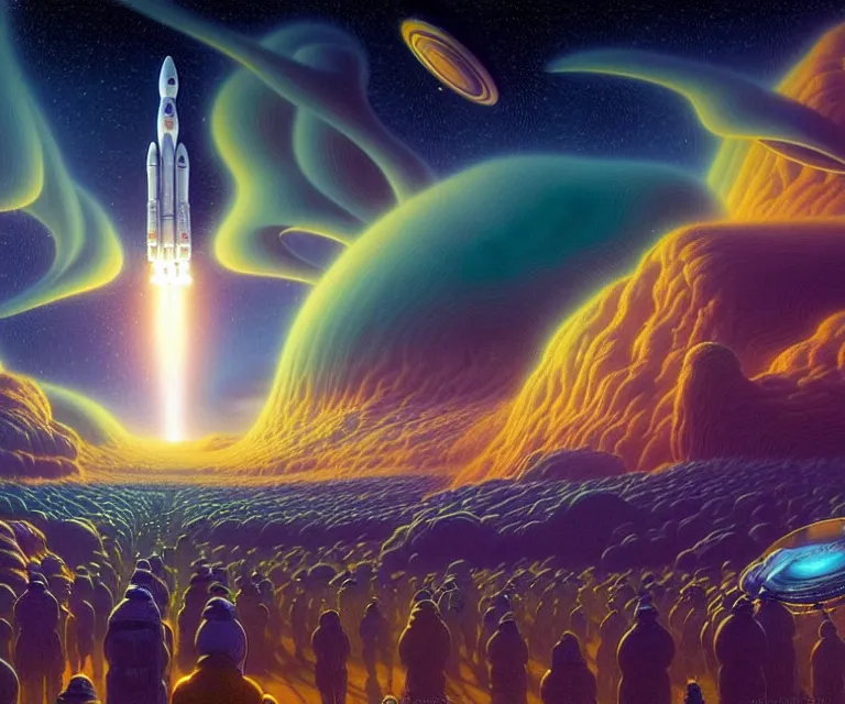 Prompt: hyper detailed 3d render like a Oil painting - crowds cheer at a spaceport on a beautiful faraway planet as a rocket blasts off, large gas giant in the dramatic nebula-filled alien sky, retrofuturistic science fiction vibe, by Jacek Yerka, Mariusz Lewandowski, Houdini algorithmic generative render, Abstract brush strokes, Masterpiece, Edward Hopper and James Gilleard, Zdzislaw Beksinski, Mark Ryden, Wolfgang Lettl, hints of Yayoi Kasuma, octane render, 8k, wide angle shot