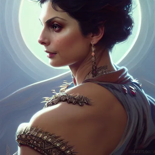 Image similar to Morena Baccarin, D&D, fantasy, intricate, elegant, highly detailed, digital painting, artstation, concept art, matte, sharp focus, illustration, art by Artgerm and Greg Rutkowski and Alphonse Mucha