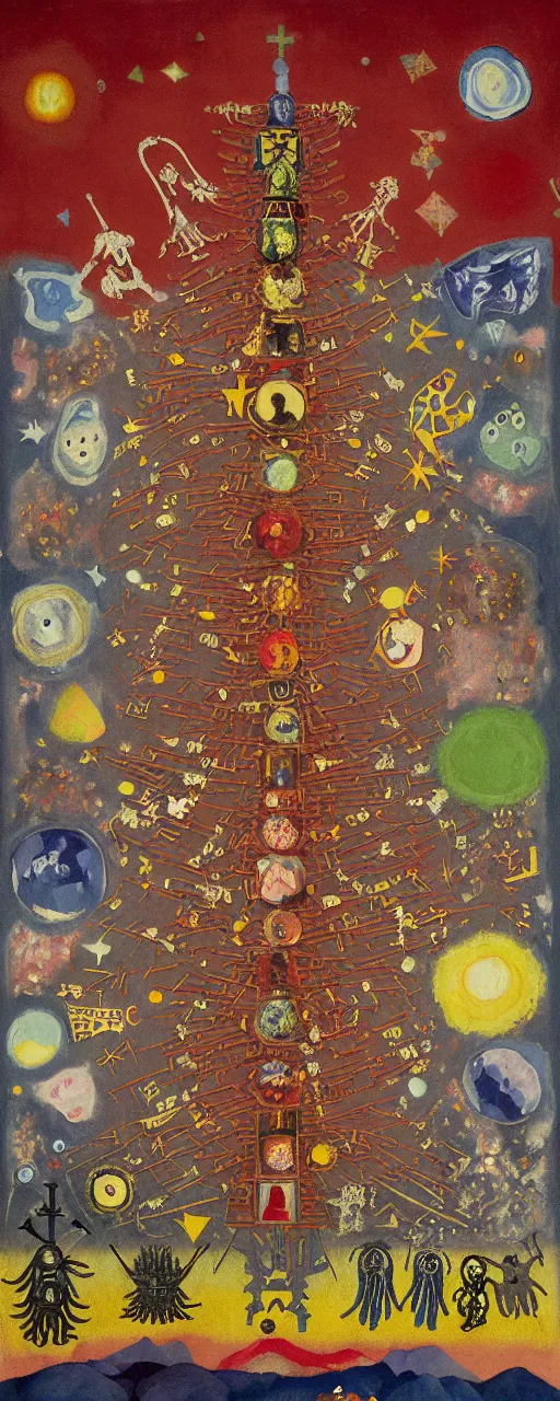 Image similar to pixel decollage painting tarot lovers card composition tower of babel road red armor maggot bear and wonky alien frog skeleton knight on a horse in a dark red cloudy night sky with golden foil jewish stars, occult symbols and diamonds, mountain lake and blossoming field in background, painted by Mark Rothko, Helen Frankenthaler, Danny Fox and Hilma af Klint, pixelated, neo expressionism, semi naive, pastel colors, cinematic, color field painting, cave painting, voxel, pop art look, outsider art, minimalistic. Bill Traylor painting, part by Philip Guston and Francis Bacon. art by Adrian Ghenie, very coherent symmetrical artwork, cinematic, hyper realism, high detail, octane render, unreal engine, Smooth gradients, depth of field, full body character drawing, extremely detailed, 8k, extreme detail, intricate detail, masterpiece