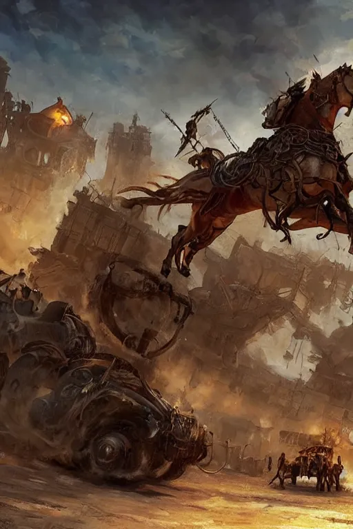 Image similar to Mad Max reimagined in the baroque era, catapult, horses, orchestral band on a wagon, hearthstone art style, epic fantasy style art by Craig Mullins, fantasy epic digital art, epic fantasy card game art by Greg Rutkowski