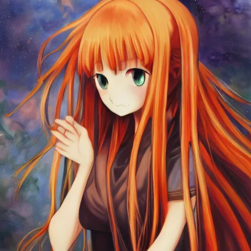 Prompt: An award winning oil painting of Horo from Spice and Wolf by Matcha, landscape, Danbooru, anime, highly detailed, oil painting, canvas, brush strokes, artistic, color palette