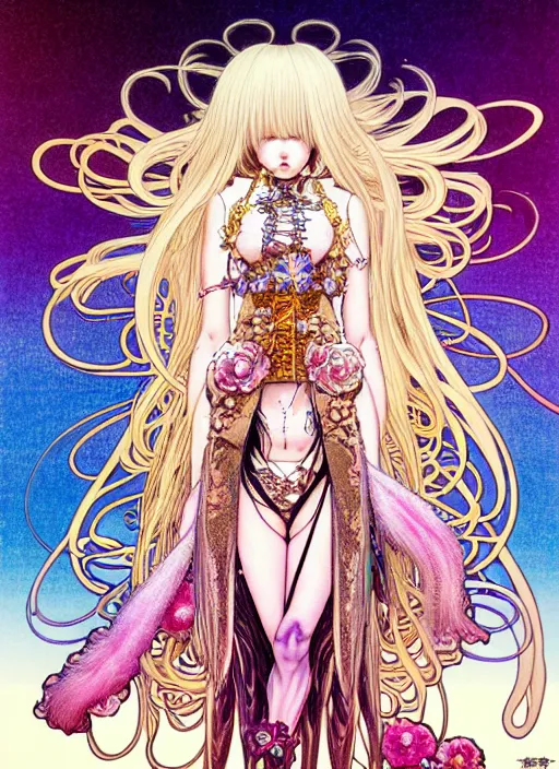 Image similar to highly detailed terada katsuya artstation manga poster of witch mechine, hajime sorayama, rainbow gradient bloom, long hair, armor, dress, laces, ruffles, 8 k, maximalist, ayami kojima, alphonse mucha