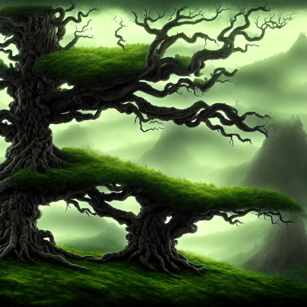 Prompt: evil ancient tree, on a hill, a detailed matte painting, fantasy, foggy