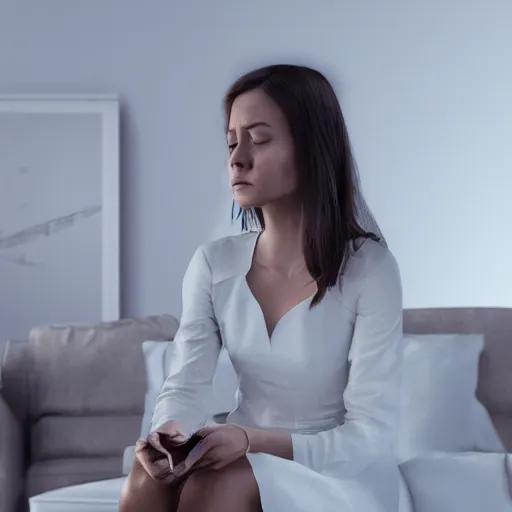 Image similar to a sad crying beautiful woman in a white dress watching netflix on a tv, holding a remote, 8 k, octane render, cgi