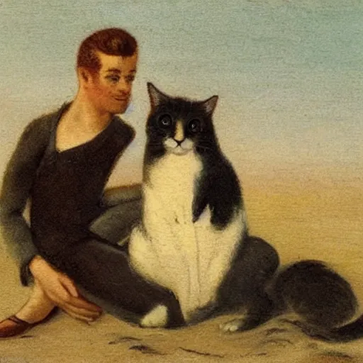 Image similar to a gay couple on the beach with a cat, vintage, 1 8 0 0 s