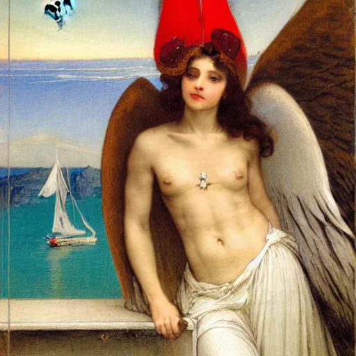 Image similar to An angel with jester hat and clothes on a greek circle archi on the front of a Balustrade with a beach and a sail boat on the background, major arcana cards, by paul delaroche and arnold böcklin hyperrealistic 8k, very detailed