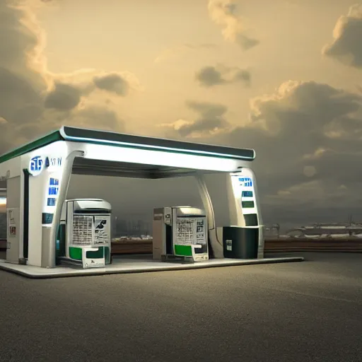 Prompt: sci - fi gas station and glowing white clean sci - fi fission power container, a sense of hope and optimism, hyper realistic, high res, 4 k, harsh light, edouard groult, bynde, kirill leonov, isaac zuren