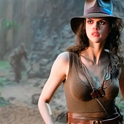 Image similar to A still photograph of Alexandra Daddario as Indiana Jones in Indiana Jones and the Raiders of the Lost Ark