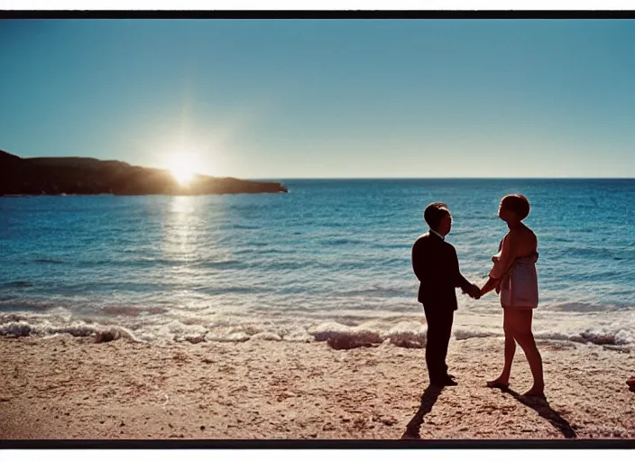 Image similar to A film photography of a couple kissing from movie Here to Eternity, laying on secluded beach. by William Egglestone. Cinematic. Golden Hour. Kodak Portra 400. Lens flare. 50mm lens