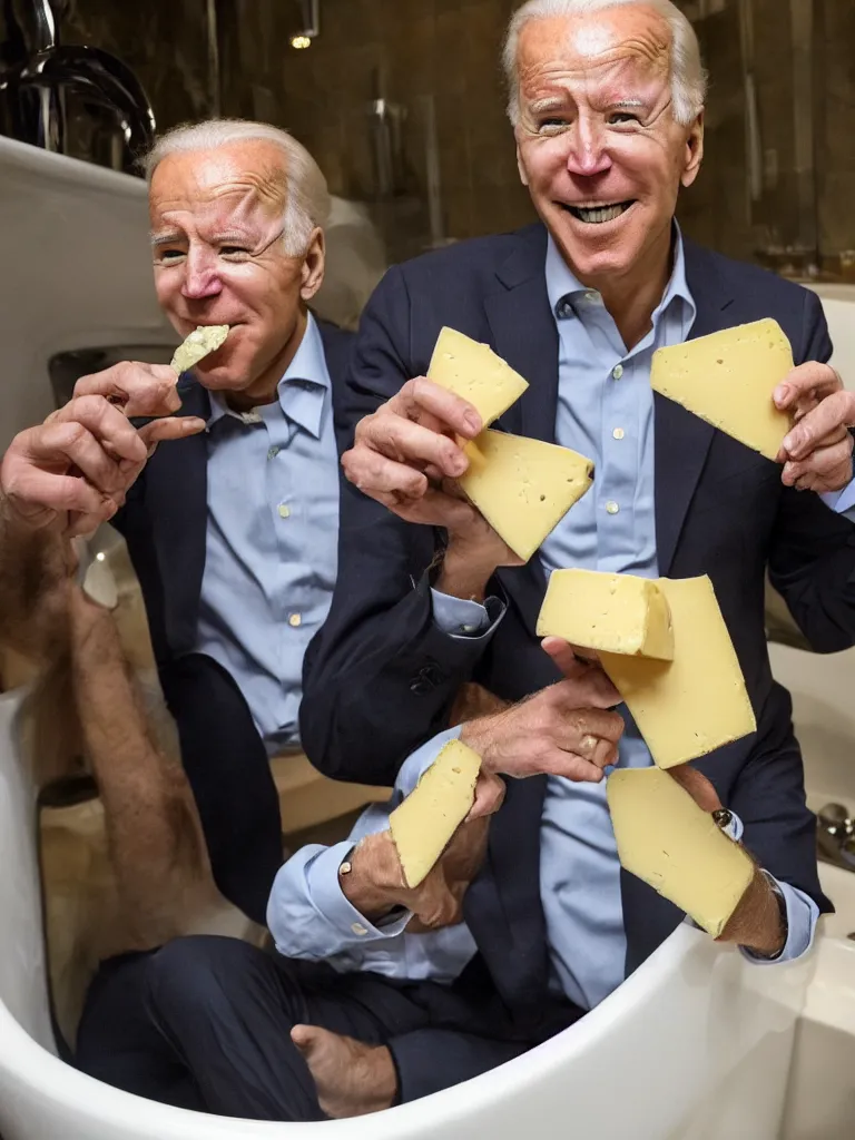 Image similar to Joe Biden eating cheese in a bathtub