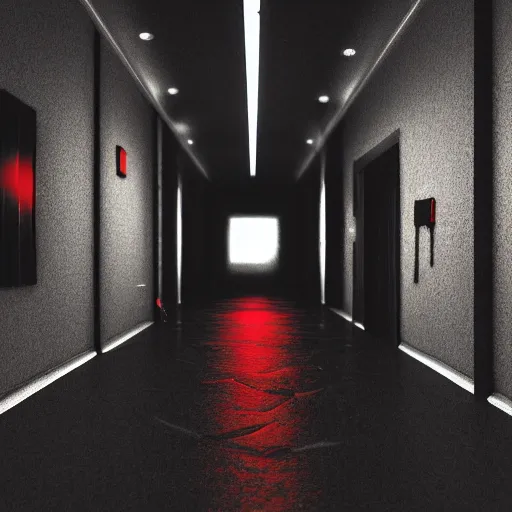 Image similar to photograph of an extremely dark narrow hallway with glowing humanoid monster made out of tv static, dark deep black shadows, red and black color contrast in the style of trevor henderson, liminal space, 3 d octane render, glitch effect