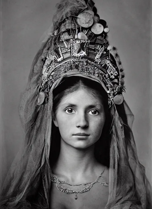 Image similar to portrait of young woman in renaissance dress and renaissance headdress, art by sebastiao salgado