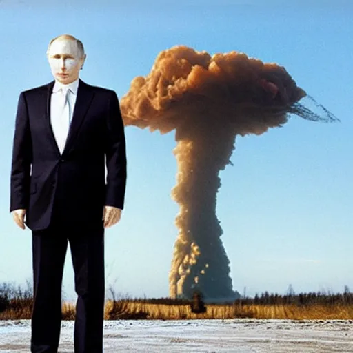 Image similar to putin standing next to nuclear explosion