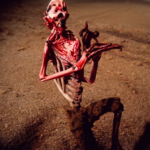 Image similar to in the desert a bloody horrifying The Thing creature made of muscle and bone and blood, mid day, 35mm photography, realistic,