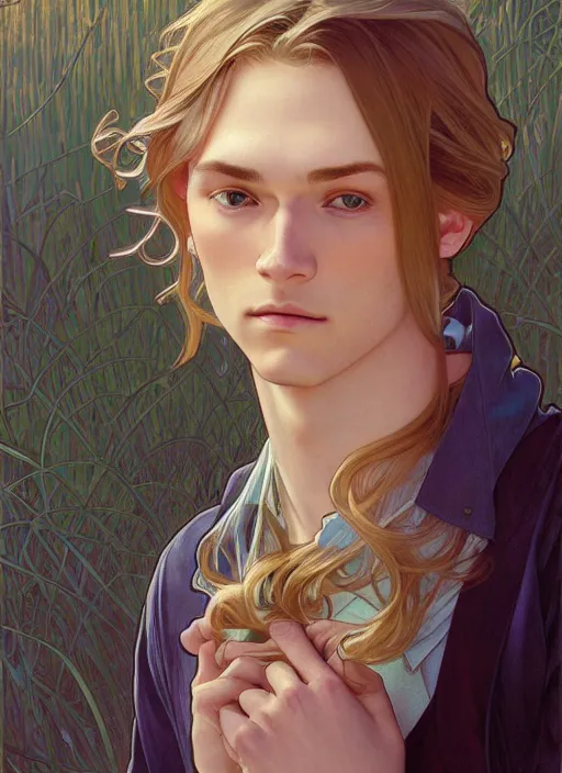 Image similar to pretty young man with shoulder length blond hair, half body shot, path traced, highly detailed, high quality, digital painting, by studio ghibli and alphonse mucha, leesha hannigan, hidari, disney, jules bastien - lepage, art nouveau, martine johanna, android jones, andreas rocha, conrad roset