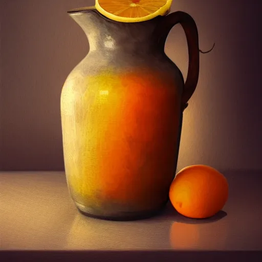 Image similar to still art, antique jug with palms inside, old candle, much vegetables, lemon, orange, pepper, cinematic light, detailed, digital art, concept art, trending on artstation, highly detailed, intricate, sharp focus, digital art, 8 k