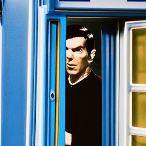 Prompt: photo of mr spock blue uniform exiting the tardis