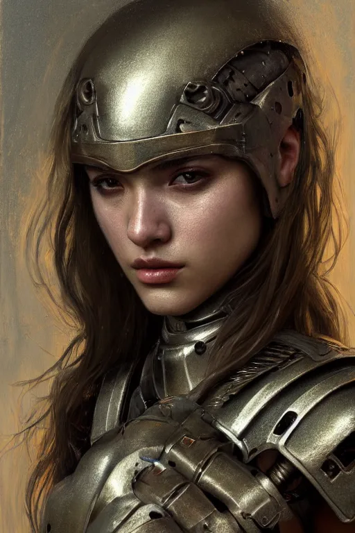 Image similar to a photorealistic painting of an attractive young girl, partially clothed in dirty metal-plated battle armor, olive skin, long dark hair, beautiful bone structure, symmetrical face, perfect eyes, intricate, elegant, digital painting, concept art, illustration, sharp focus, minimal artifacts, volumetric lighting, from Metal Gear, in the style of Ruan Jia and Mandy Jurgens and Greg Rutkowski, trending on Artstation, award winning