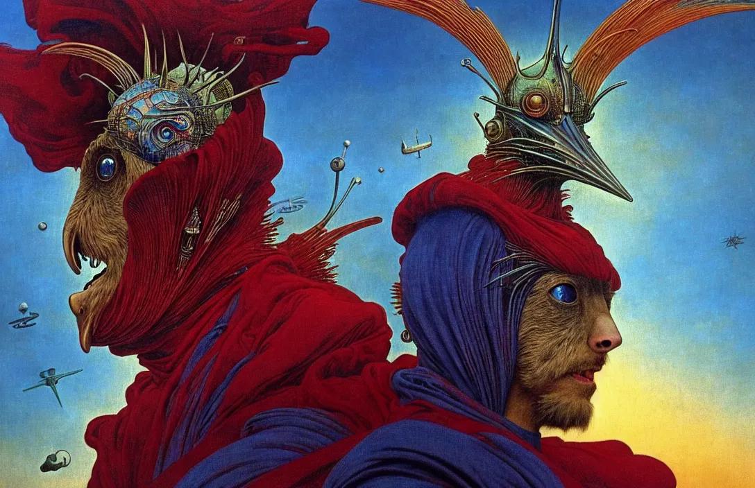 Prompt: realistic detailed portrait movie shot of a birdman wearing a dark robes, sci fi city landscape background by denis villeneuve, amano, yves tanguy, alphonse mucha, ernst haeckel, max ernst, roger dean, masterpiece, rich moody colours, dog teeth, blue eyes, sunset