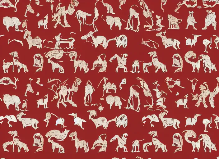 Image similar to painted pattern which depicts figures of ancient hunters, mammoths and buses, rock cave painting, red ocher