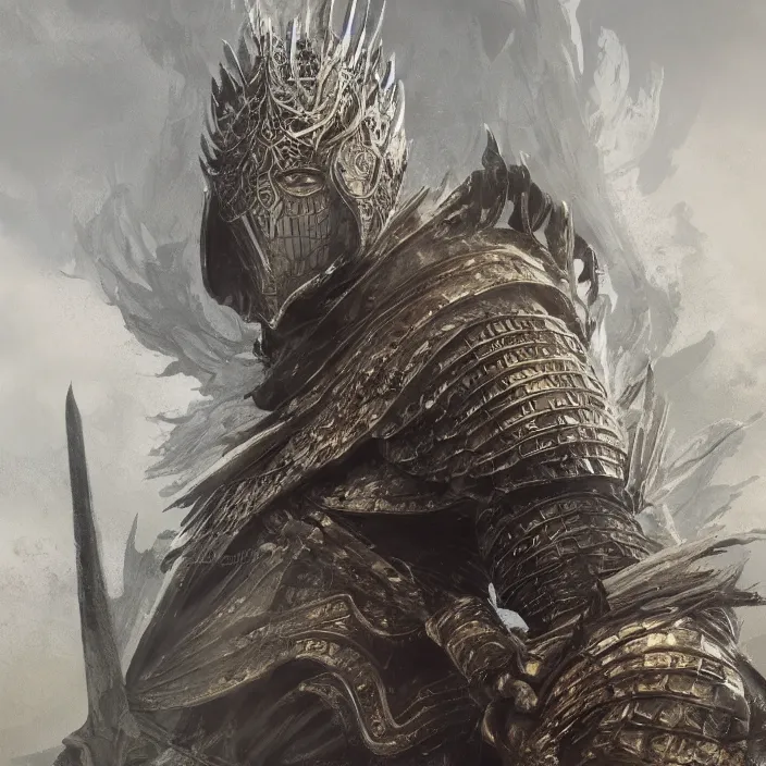 Image similar to beautiful illustrated portrait of the nameless king (from Dark Souls III) the god of storms and warfare wearing heavy iron armor, painted, 4k artwork, trending on artstation, octane render, art by artgerm and greg rutkowski and alphonse mucha and craig mullins and James Jean and Andrei Riabovitchev and Marc Simonetti and peter mohrbacher