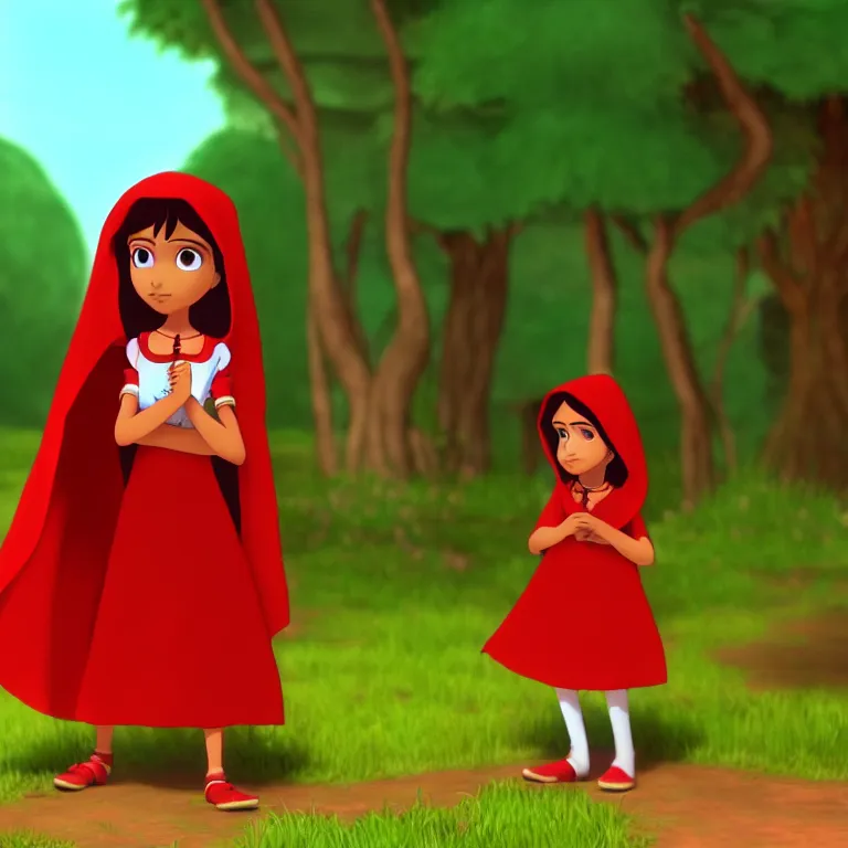 Image similar to Little red Riding hood portrait 85mm screenshot from a 2010s Indian animation studio, high quality, 4K