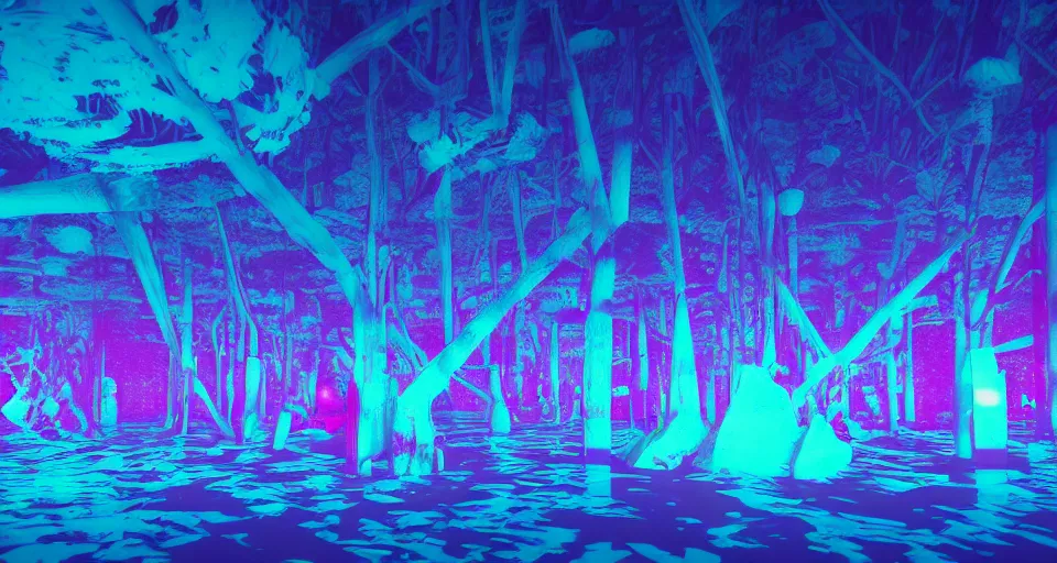 Prompt: 80s vaporwave outrun 3d Render of red deep sea forest, liminal space retro, grainy, noisy