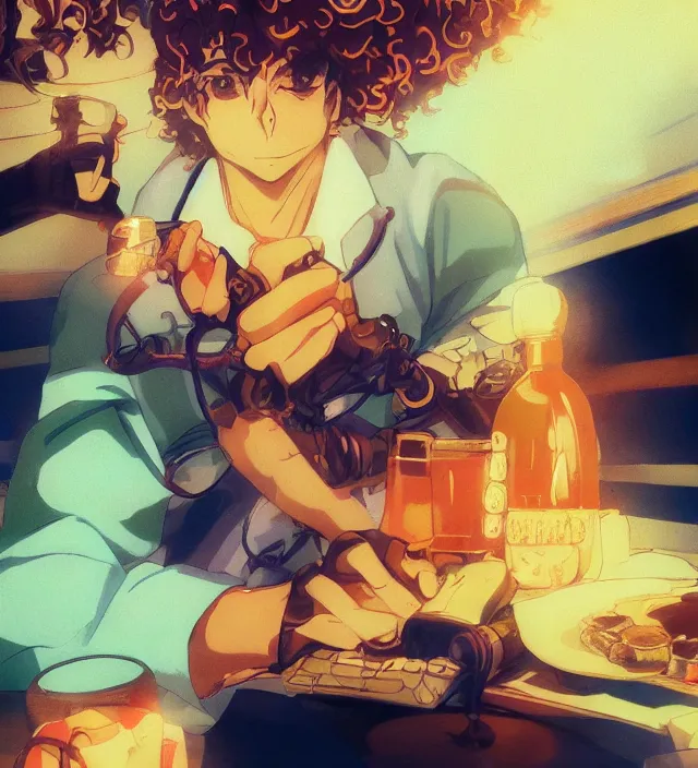 Prompt: close - up anime still of ( ( charming!!!!! latino middle - aged anime protagonist with curly afro and moustache!!! tilting his head charmingly ) late night in an anime bar, cozy lights, detailed orange atmosphere. cinematic rim lighting, global illumination, trending on artstation, hypdertailed, perfect shading, dreamy, masterpiece