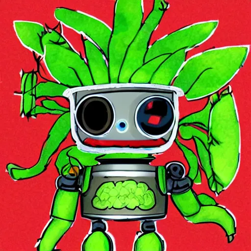 Prompt: cute robot made of plants wearing tomato hat and a chive sword, made in abyss style