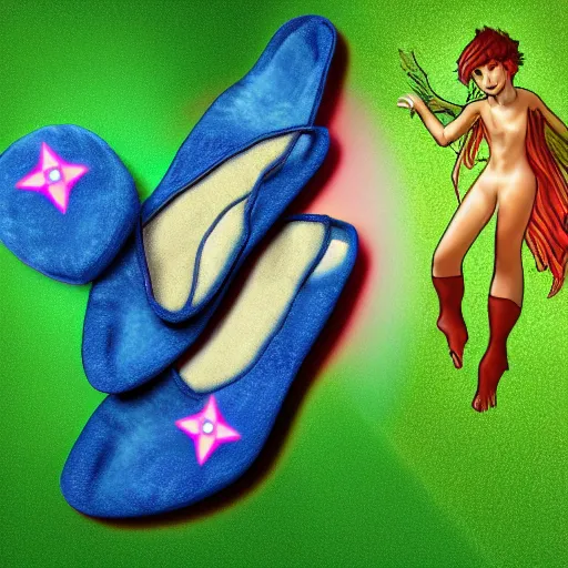 Prompt: a fairy wearing slippers in the shape of a star, realistic digital art