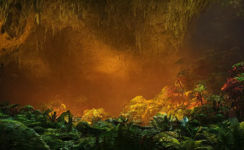 Image similar to a beautiful render of a dark prehistoric rainforest in a humongous cave, lush flora, patches of yellowish - red - magenta sky, sunset lighting, fireflies, floating mountains and a waterfall in the background, intricate detail, hazy, humid, volumetric lighting, god rays, 8 k, photorealistic, raytracing effects, unreal engine 5