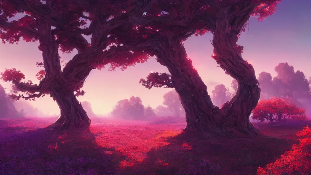 Prompt: giant violet tree overarching red plains, view from the ground, by sylvain sarrailh, rossdraws, ambient light, ultra detailed, fantasy artwork, 8 k, volumetric lighting, trending on artstation, award winning, very beautiful.