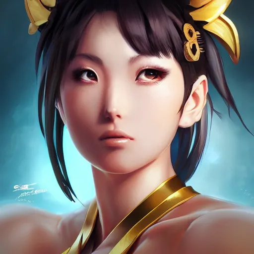 Image similar to A beautiful semi realistic anime portrait of Chun li, by Stanley Artgerm Lau, WLOP, Ross Tran, James Jean, Andrei Riabovitchev, Marc Simonetti, and Sakimichan, Hyung Tae Kim, trending on artstation H- 768