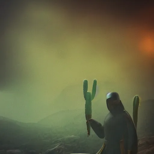 Prompt: spartan drinking tea with trichocereus background and smoke haze, photo in the style of the celestine prophecy