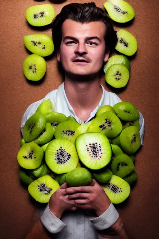 Image similar to 📷 joe keery the kiwi fruit 🥝, made of food, head portrait, dynamic lighting, 4 k