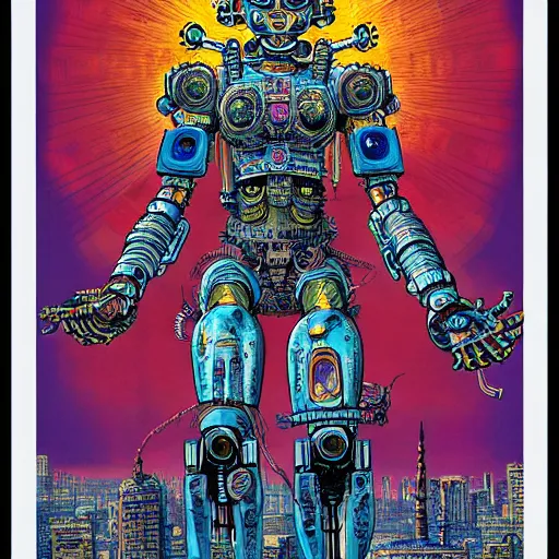 Image similar to detailed intricate color comic poster illustration of a Hindu god with a halo as an evil cyborg alien robot with lots of arms, cyberpunk, sistine chapel, davinci, religion, Hindu, vishnu, akira, dystopian, sci-fi, geof darrow, transmetropolitan, ronin